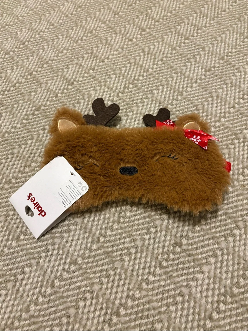 Claire's Brown Furry Reindeer Eye Mask with Red Accent